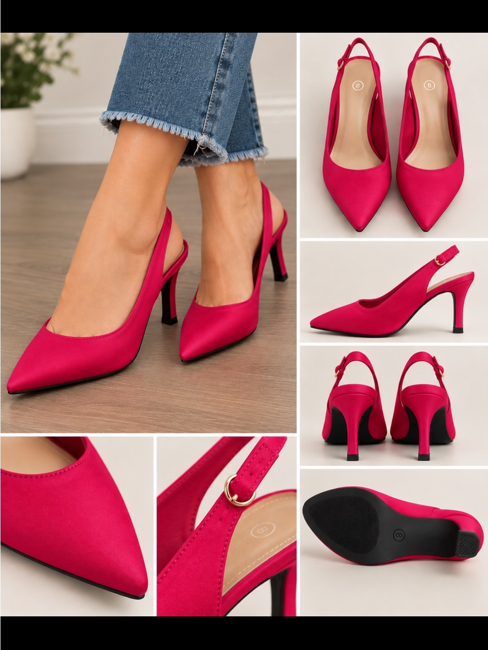 Slingback Pointed-Toe Heels in Fuchsia Pink